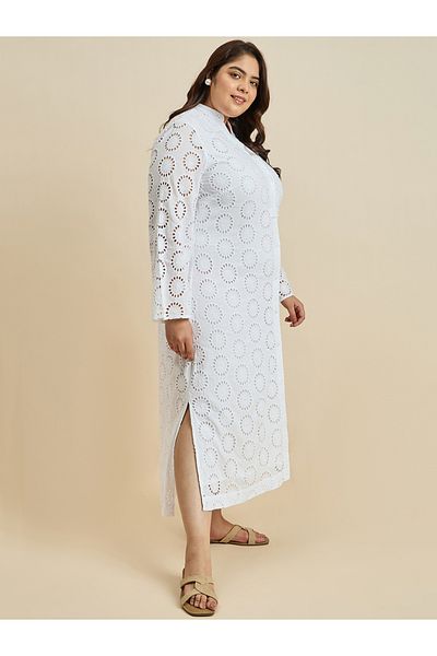 Femmella By Styli Textured Cotton Schiffli Shirt Maxi Dress