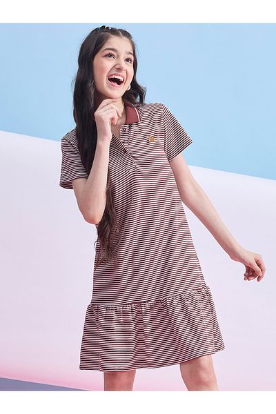 Stylo Bug By Styli Striped Collared Half-Button Placket A-Line Dress