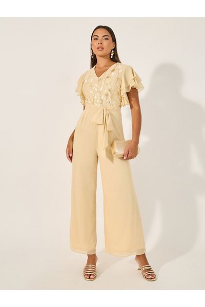 Styli Embroidered Layered Ruffled Sleeves Wide Leg Jumpsuit