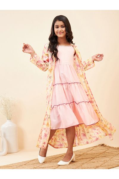 Stylo Bug By Styli Solid Tiered Midi Dress with Floral Printed Shrug