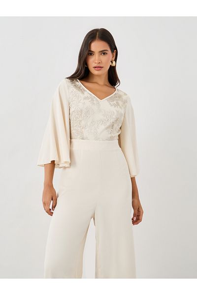 Styli Embellished Balloon Sleeve V-Neck Jumpsuit