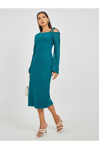 Styli Self Design Asymmetric Neck Sheath Midi Dress
