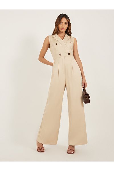 Styli Notch Lapel Double Breasted Wide Leg Jumpsuit
