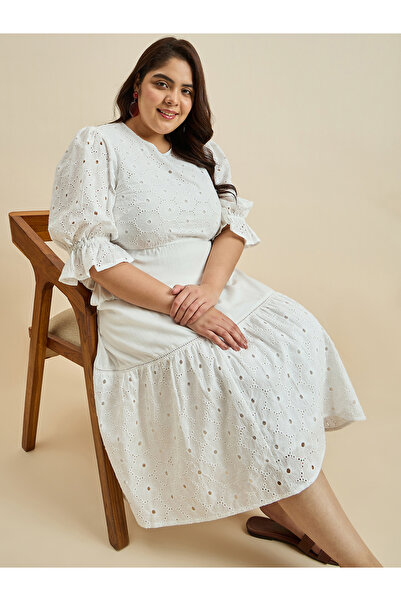 Femmella By Styli Texture Cotton Schiffli Tiered Midi Dress