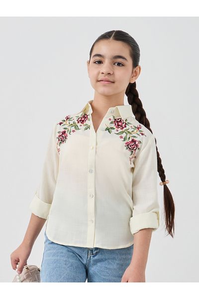 Styli Girls Embroidered Roll-Up Sleeves Shirt