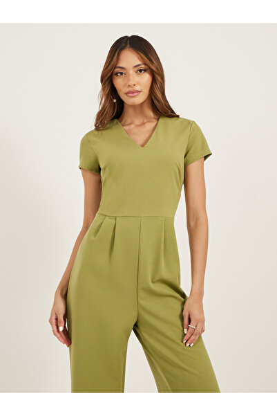Styli Solid V Neck Pleated Wide Leg Jumpsuit