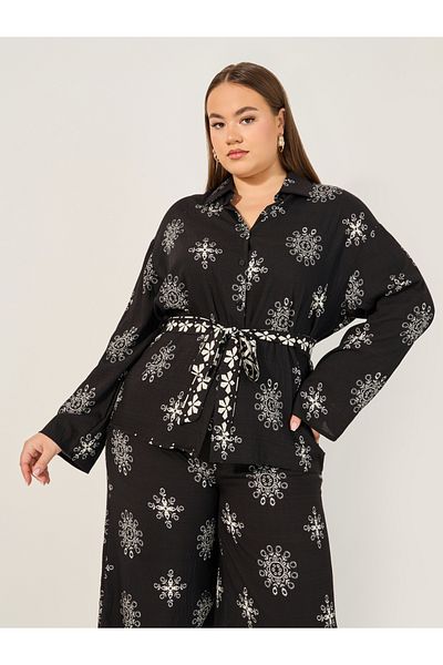 Styli Plus Size Printed Oversized Shirt and Wide Leg Trousers Co-Ords