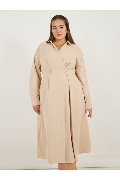 Styli Plus Size Wrap Front A-Line Shirt Midi Dress