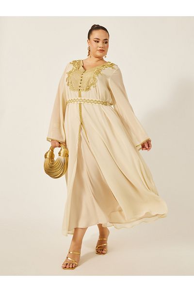 Styli Plus Size Lace Insert Kaftan with Waist Belt Detail