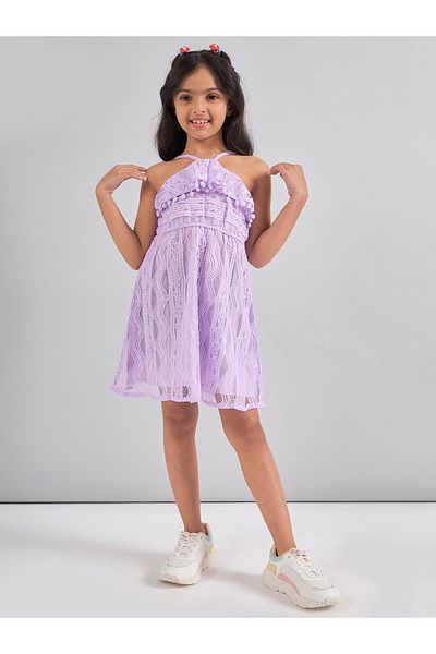 Stylo Bug By Styli Self Design Halter Neck A-Line Dress with Pompom Detail