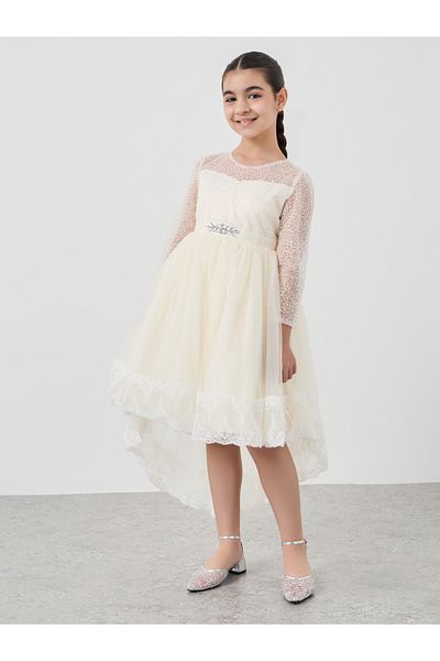 Styli Girls Off White Embroidered High Low Hem Mesh Dress