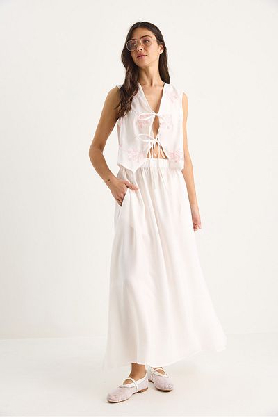 Bianco Lucci Women's Tie Front Embroidered Vest Pocket Detailed Long Modal Skirt Suit 4009 60283423