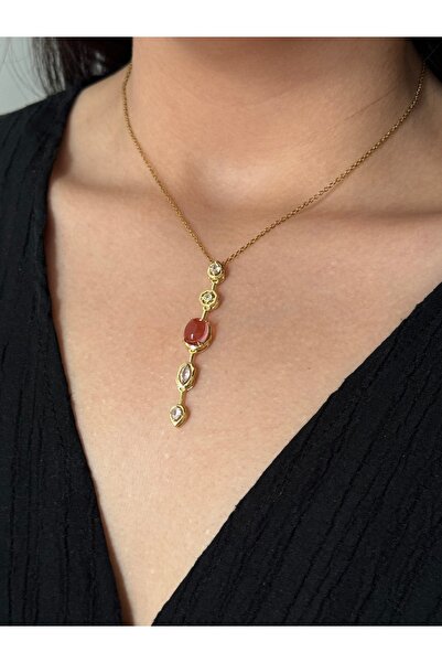 MODA Steel Gold Pink Stone Y Necklace