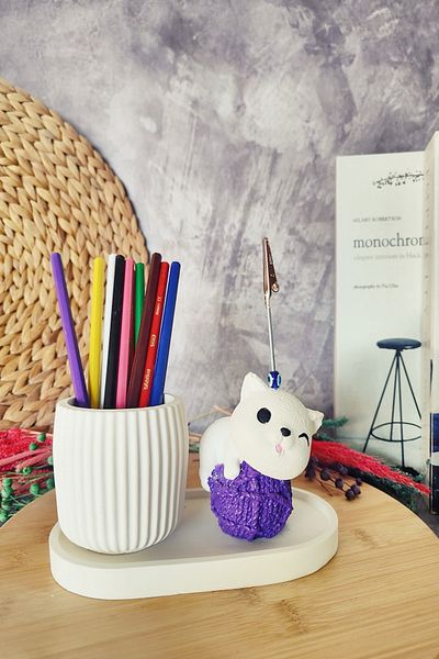 puridadesign Комплект декоративен сладък държач за моливи с котка и тефтерче, подарък за бюро