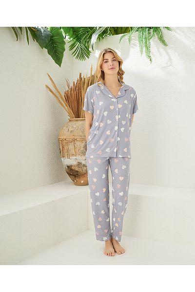 Prestij İç Giyim Women's Patterned Front Buttoned Shirt Collar Short Sleeve Pajama Set