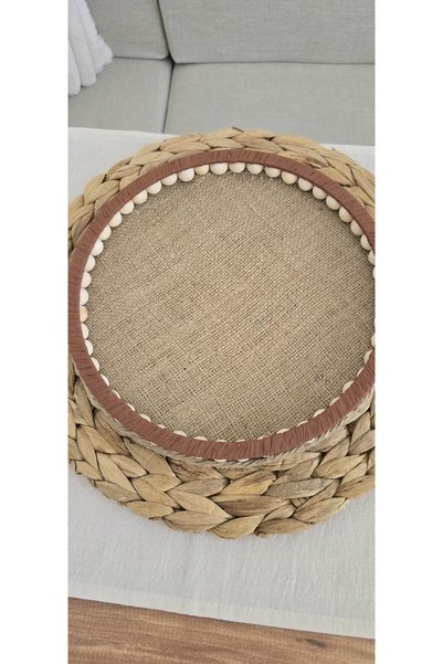 MUJA DEC El Yapımı Ahşap Boncuklu Dekoratif Sunum Tepsisi 25 cm Makyaj Banyo Düzenleyici Turuncu