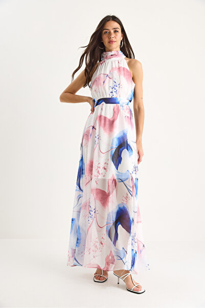 Bianco Lucci Women's Halter Neck Patterned Slit Detailed Lined Chiffon Dress 60283417