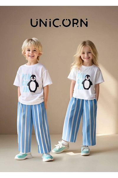 KidsSel New Season Unisex Penguin Detailed Suzane Embroidered Jogger Pants Bottom Top Set