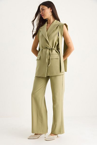 Bianco Lucci Women's Tie-Up Blazer Vest Palazzo Pants Double Bottom-Top Suit 8005 60283415