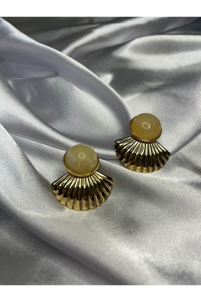 Fam&Co Jewelry Women's Vintage Style Gold Fan Detailed Round Earrings - Cream Stone
