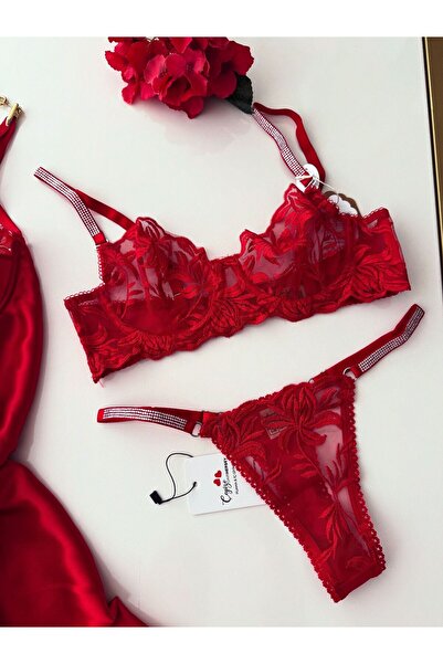 cdh çeyize dair herşey Red Lace Satin 3-Piece Lingerie Dowry Set – Nightgown, Bra and Panties