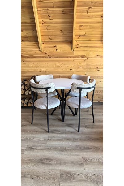 decosense 4 Kişilik Modern 90 cm Yuvarlak Masa ve 4 Teddy Sandalyeli Mutfak T...