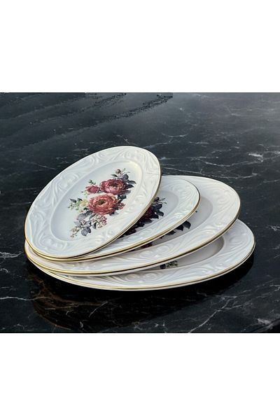 Pinkev 4 Piece 2 Size Ceramic Boat Plate Set - Pomegranate Flower