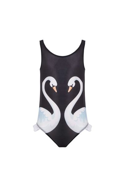 Adasea Swan Patterned Girl's Swimsuit Black