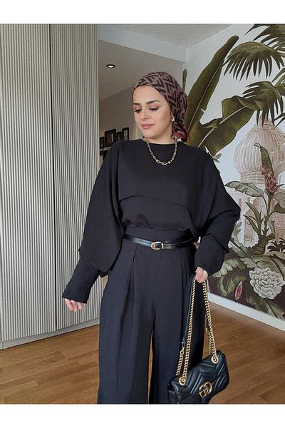 Aselim Hijap Moda Σετ παντελονιού Palazzo με λεπτομέρεια Cape Top – Εισαγόμενο υφαντό ύφασμα – Μαύρο