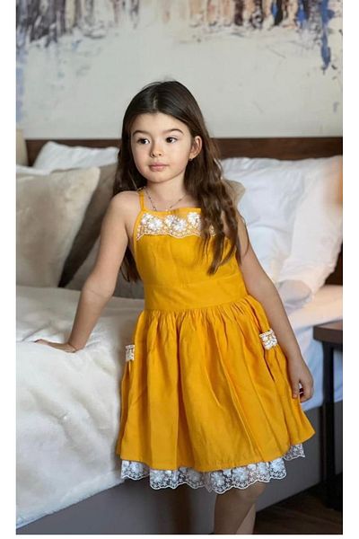 Marka Sensin Kids Girl's Yellow Lace Embroidered Special Design Midi Dress