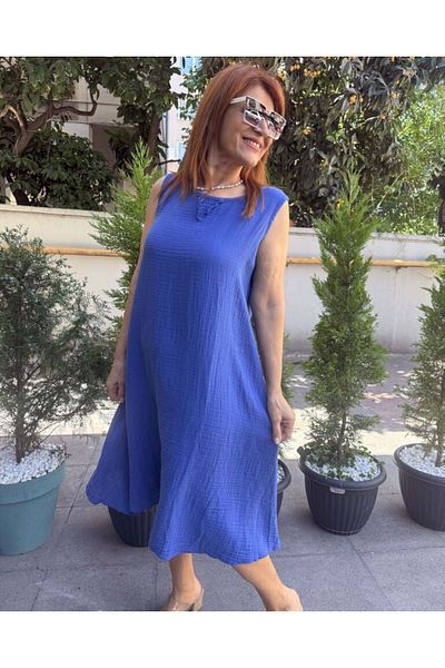 DenizEge Muslin Thick Strap Dress Saks Blue