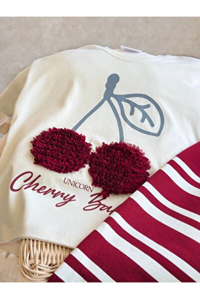 KidsSel New Season Girl's Cotton Cream Burgundy Cherry Pompom Tshirt and Sweatpants Set