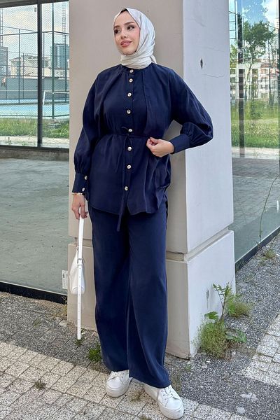Tesettür Diyarı Women's Summer Fabric Shirt and Trousers Relaxed Fit Suit - Navy Blue