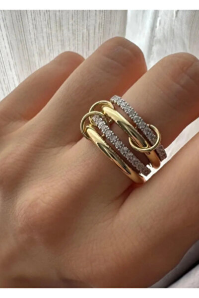 Ervalina Trend Zirkon Taşlı 4'lü Çoklu Grup Çelik Yüzük Altın Gümüş Rengi