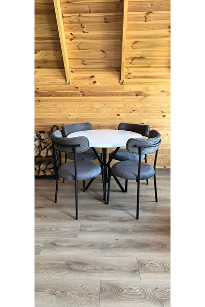 decosense 4 Kişilik Modern 90 cm Yuvarlak Masa ve 4 Teddy Sandalyeli Mutfak Takımı Balkon Takımı Salon Takımı