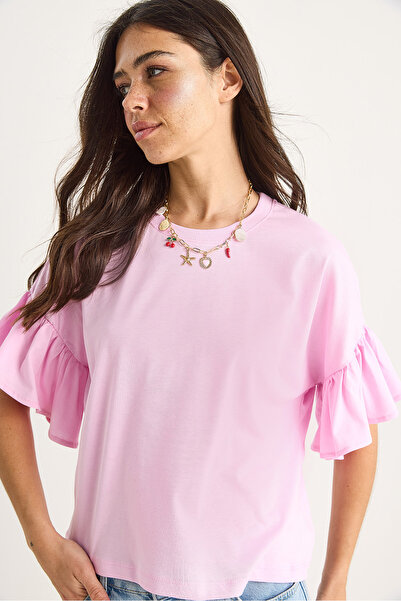 Bianco Lucci Tricou din bumbac cu mâneci cu volane pentru femei 60602074