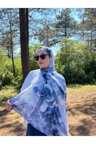 YILDIZ SCARFS شال قطني ناعم بنمط زهرة باللون الأزرق الداكن