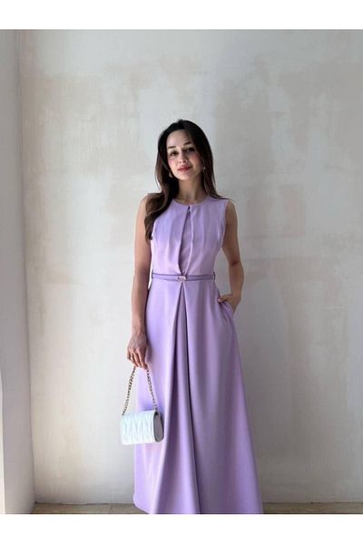maf collection Γυναικείο μωβ λαιμόκοψη με μηδενικό μανίκι λεπτομέρεια βραδινό φόρεμα επιστροφής στο σπίτι