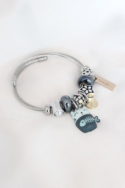Avantaj Kapıda ®   Blue Cat Figure Star Detail Silver Color Charm Steel Women's Bracelet