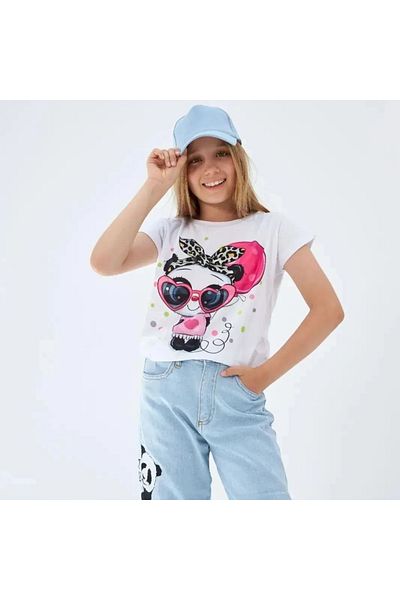 Marka Sensin Kids Girl's Special Design Panda Printed Fuchsia T-Shirt Jeans Pants Hat 3 Piece Set