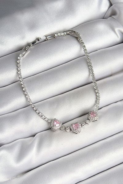 Avantaj Kapıda ®   Brass Row Pink Heart Figured Zircon Stone Silver Color Women's Bracelet