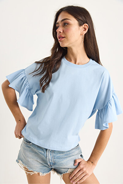 Bianco Lucci Γυναικείο βολάν με βολάν με λαιμόκοψη βαμβακερό μπλουζάκι 60602074