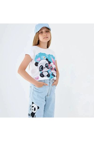 Marka Sensin Kids Girl's Special Design Panda Printed Blue T-Shirt Jeans Pants Hat 3 Piece Set