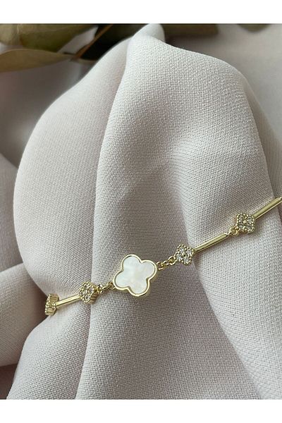 Zeyne Stainless Steel and Stone Embroidered Clover Gold Bracelet