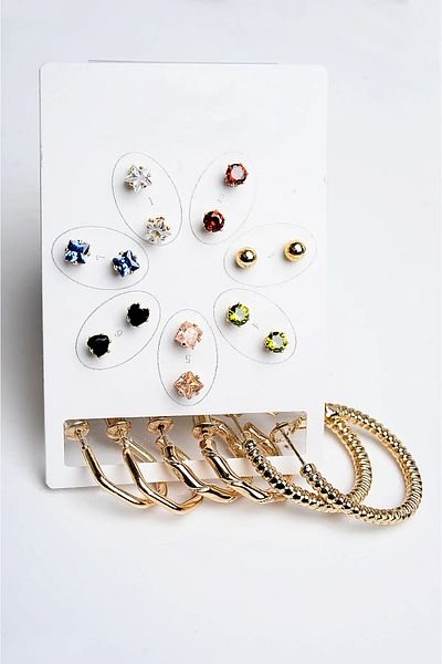 MakeWell Ring Colored Zircon Solitaire and Ball Earrings Zircon Stone Gold Plated 10 Piece Earring Set
