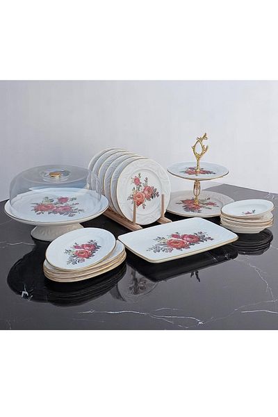 Pinkev 17 Piece Ceramic Cake Presentation Plate Set - Pomegranate Flower