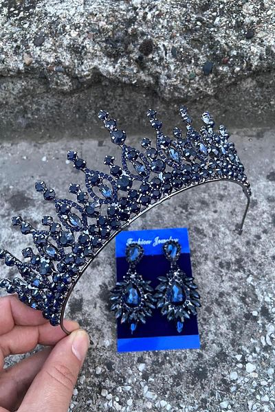 Hobigram Abrienda Navy Blue Bridal Henna Crown Special Occasion Accessory Women's Crown and Wide Shuttle Earring Set