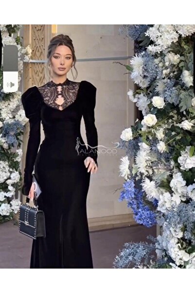 ALANOOD FASHION Elegant long-sleeved winter velvet dress with lace detail