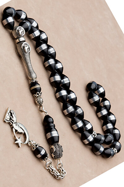 EHİNOS Erkek Gümüş Püskül Bozkurt Tasarım 7x11mm İşlemeli Kuka Tesbih