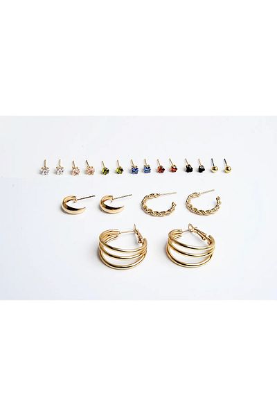 MakeWell Ring Colored Zircon Solitaire and Ball Earrings Zircon Stone Gold Plated 10 Piece Earring Set